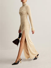 Mock Neck Ruched Slit Maxi Dress