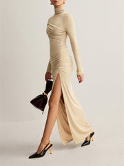 Mock Neck Ruched Slit Maxi Dress