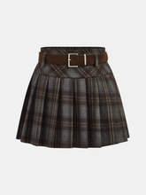 Belted Plaid Pleated Mini Skirt