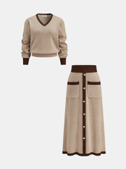 Contrast Trim Knit Top and Midi Skirt Set