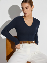 V-Neck Textured Knit Fitted Long-Sleeve Top