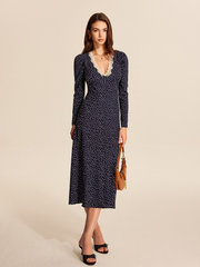 Polka Dot Lace Trim V-Neck Maxi Dress