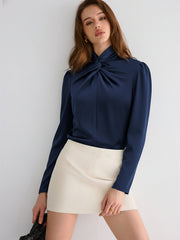 Twisted Mock Neck Long-Sleeve Satin Bodysuit