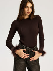 Faux Fur Cuff Ribbed Knit Top