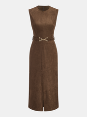 Belted Suede Effect Sleeveless Midi Dress