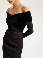 Mesh Paneled Velvet Off-Shoulder Long Sleeve Top