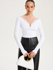 Sheer Mesh Panel Ribbed Knit Top