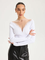 Sheer Mesh Panel Ribbed Knit Top