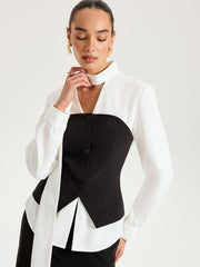 2 in 1 Contrast Panel Tie-Neck Blouse