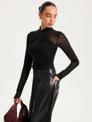 Cross-Front Sheer Mesh Long-Sleeve Top