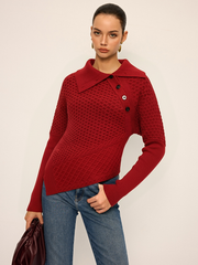 Asymmetric Textured Knit Polo Sweater