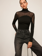 Sheer Mesh Paneled Turtleneck Top