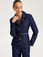 Belted Metal Button Faux Denim Blazer