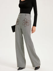 Houndstooth Embroidered Straight-Leg Pants