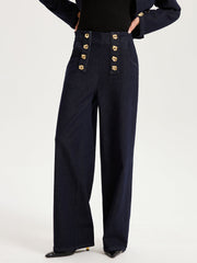 Metal Detail Denim Wide-Leg Jeans