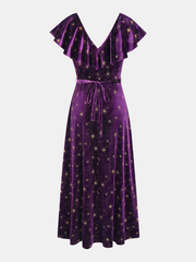 Ruffled V-Neck Star Print Velvet Midi Dress