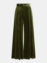 Belted Pleated Velvet Wide-Leg Pants