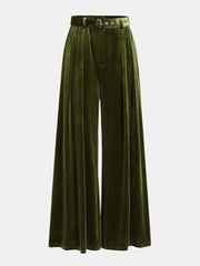 Belted Pleated Velvet Wide-Leg Pants
