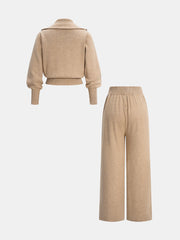 Knitted Zip-Up Jacket and Wide-Leg Pants Set
