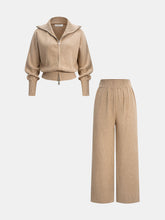 Knitted Zip-Up Jacket and Wide-Leg Pants Set