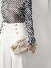 High-Waist Metal Detail Wide-Leg Pants