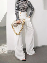 High-Waist Metal Detail Wide-Leg Pants