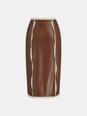 Contrast Piping Faux Leather Midi Skirt