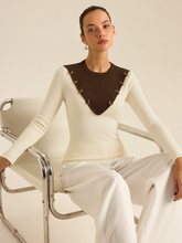 Metal Detail Color-Block Long Sleeve Knit Top