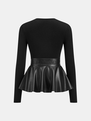 Faux Leather Peplum Long-Sleeve Top