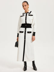 Collared Metal Button Contrast Trim Knit Maxi Dress