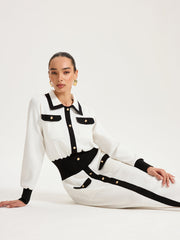 Collared Metal Button Contrast Trim Knit Maxi Dress