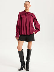 Satin Pleated Blouse with Cut-Out Sleeve