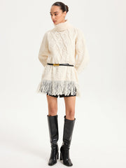 Fringe Hem Cable-Knit Turtleneck Sweater