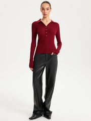 Wool-Blend Buttoned Long Sleeve Polo Knit Top