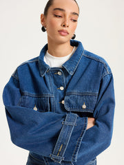 Collared Denim Cropped Jacket