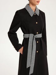 Belted Houndstooth Collar Long Coat