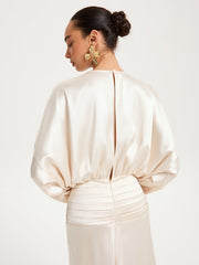 Satin Long Sleeve Pleated Waist Maxi Dress