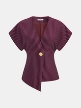 Striped V-Neck Blouse with Metal Button