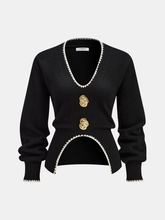 Buttoned Contrast Fringe Split Sweater