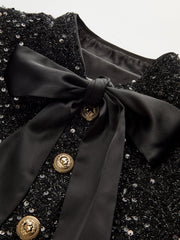 Bow Detail Sequined Tweed Cropped Jacket