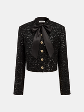 Bow Detail Sequined Tweed Cropped Jacket