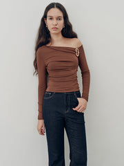 Off-Shoulder Fitted Ruched Long Sleeve Top