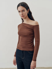 Off-Shoulder Fitted Ruched Long Sleeve Top