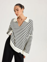 Striped Polo V-Neck Knit Top