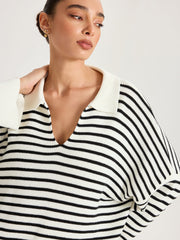 Striped Polo V-Neck Knit Top