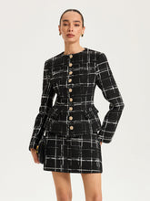 Tweed Plaid Metal-Button Blazer