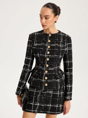 Tweed Plaid Metal-Button Blazer