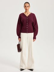 V-Neck Long Sleeve Waist-Cinched Buttoned Cardigan