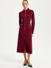 Collared Zipper Slit Midi Dress