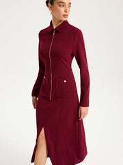 Collared Zipper Slit Midi Dress
